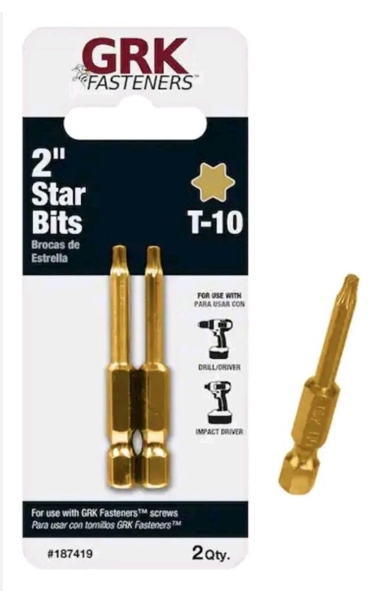 GRK T-10, 2-in. YELLOW Steel Star Bits, One 2-pack = Two Bits, 187419