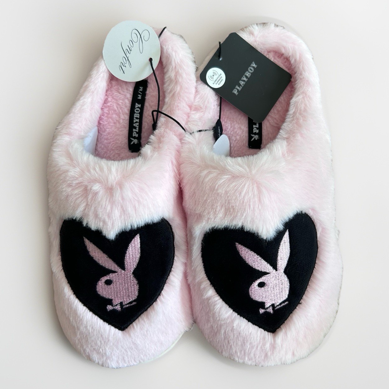 Playboy Pink Faux Fur Slip-On Comfort Slippers Bunny Heart Logo Women’s Medium