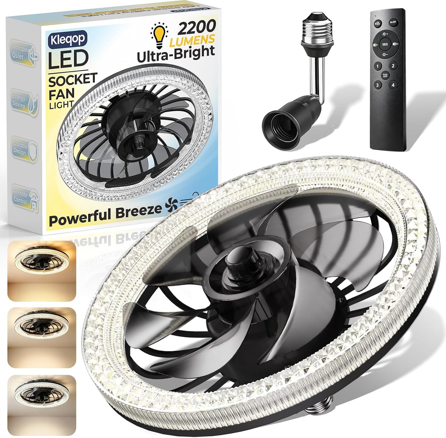 Low Profile Socket Fan Light with Remote and Extender, 2200LM LED Light Bulb Fan