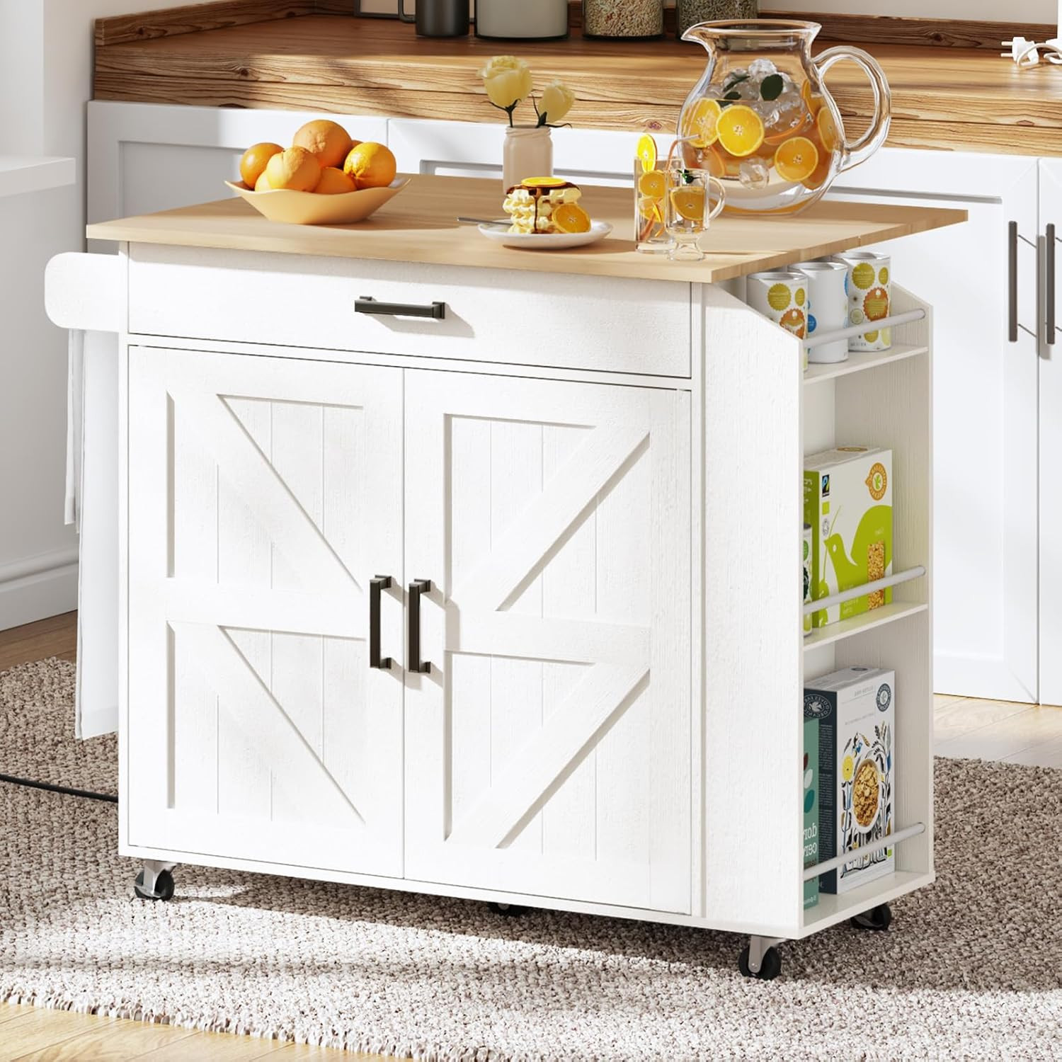 Kitchen Island with Drop Leaf Countertop & Power Outlet, Rolling Island Cart on