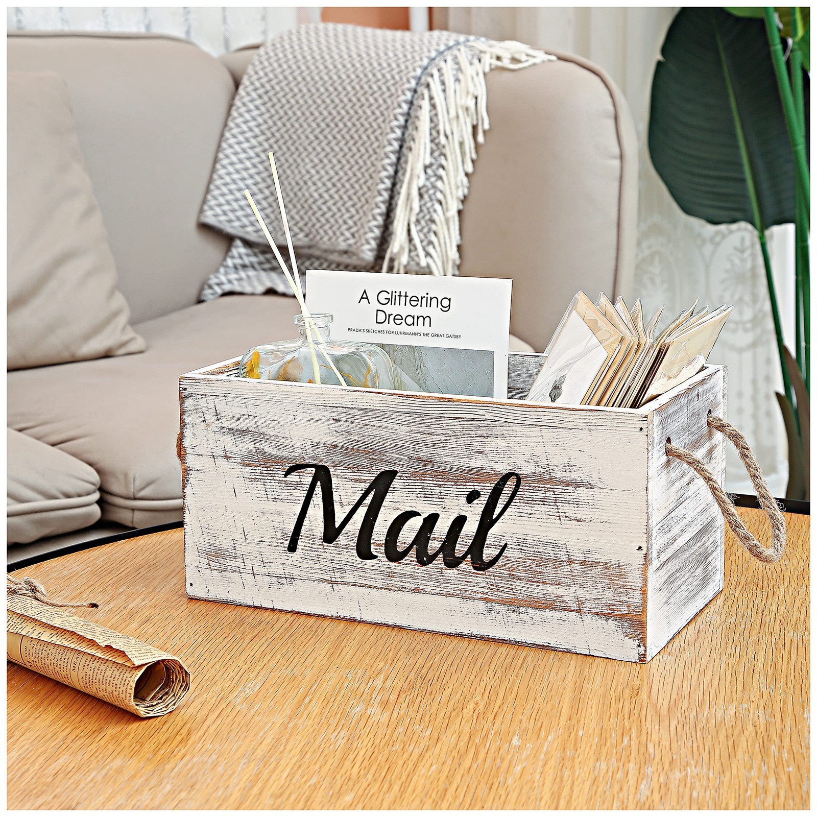 Wood Mail Holder Box,Decorative Mail Organizer Box Countertop,Letter Holder B...