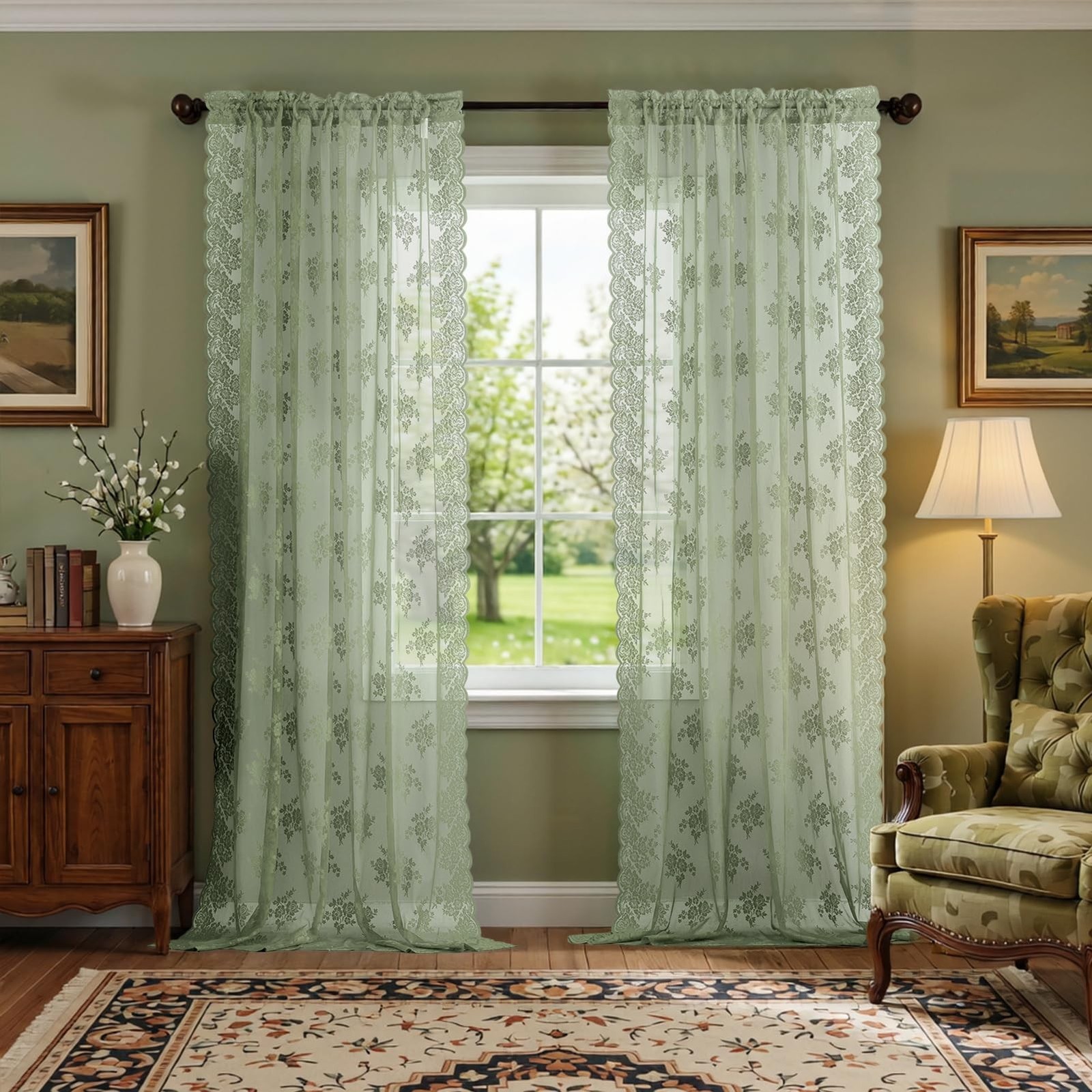 Kotile Sage Green Sheer Curtains 84 Inches Long 2 Panels, Knitted Rustic Flor...