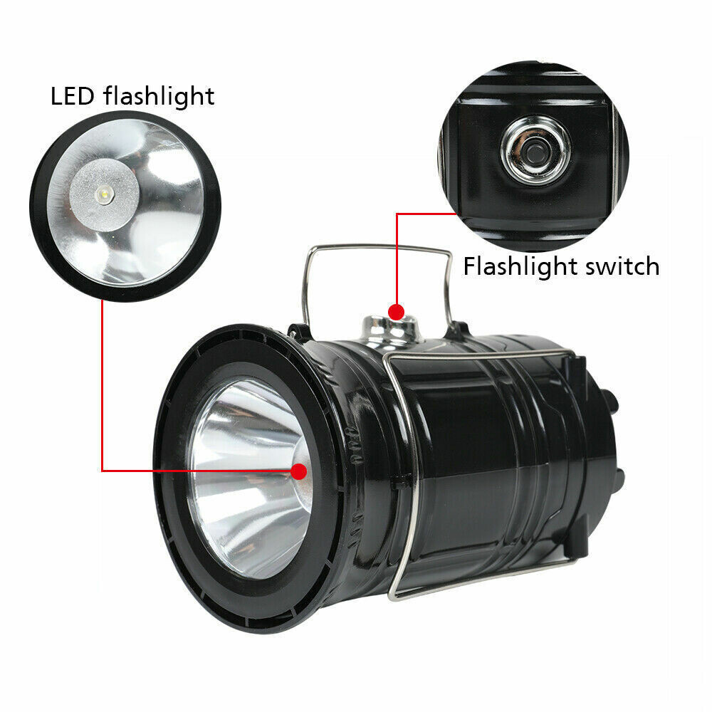 USB Solar Portable LED Flashlight Rechargeable Camping Tent Light Lantern Lamp