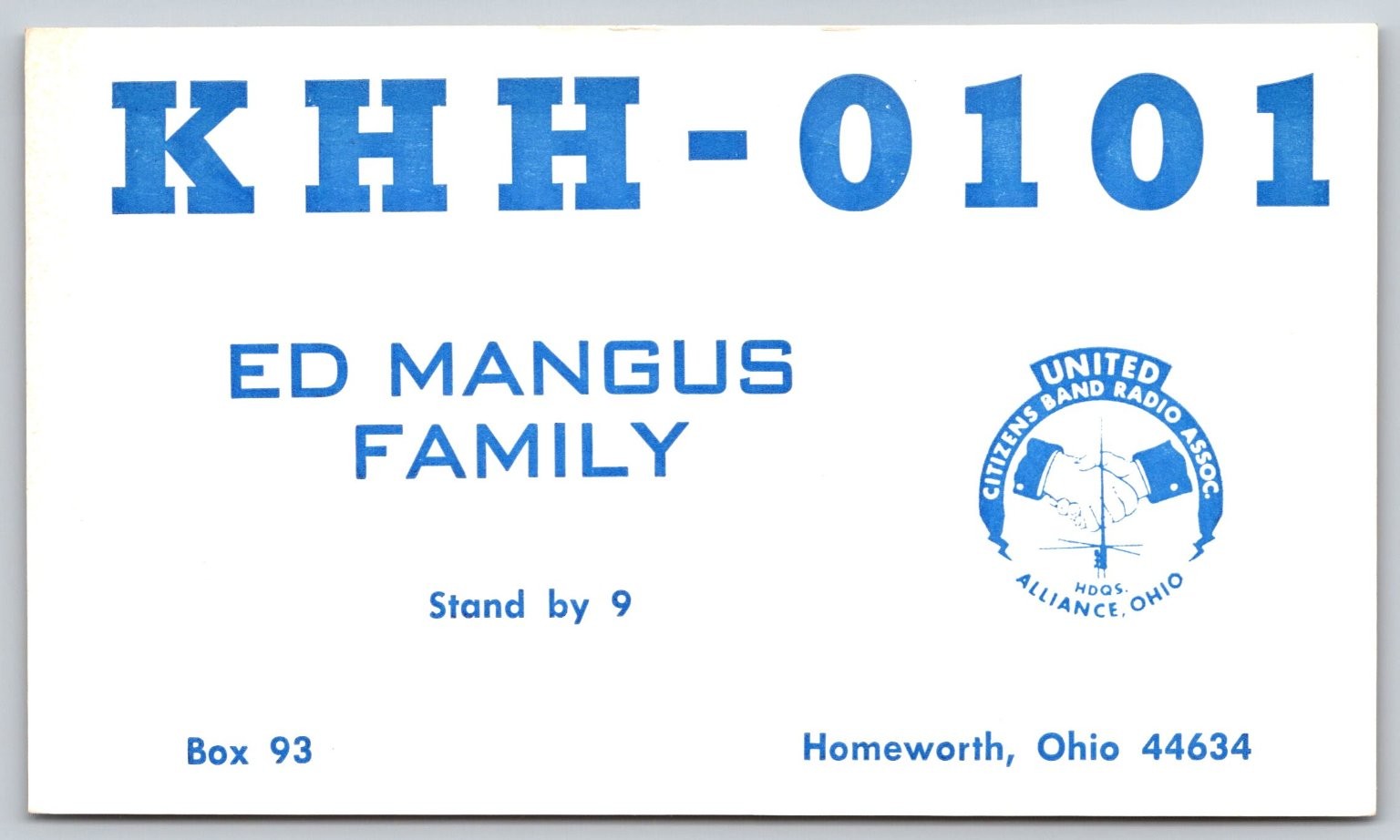 Vintage KHH-0101 Ed Mangus Family CB Radio QSL Card Homeworth Ohio Unused A210