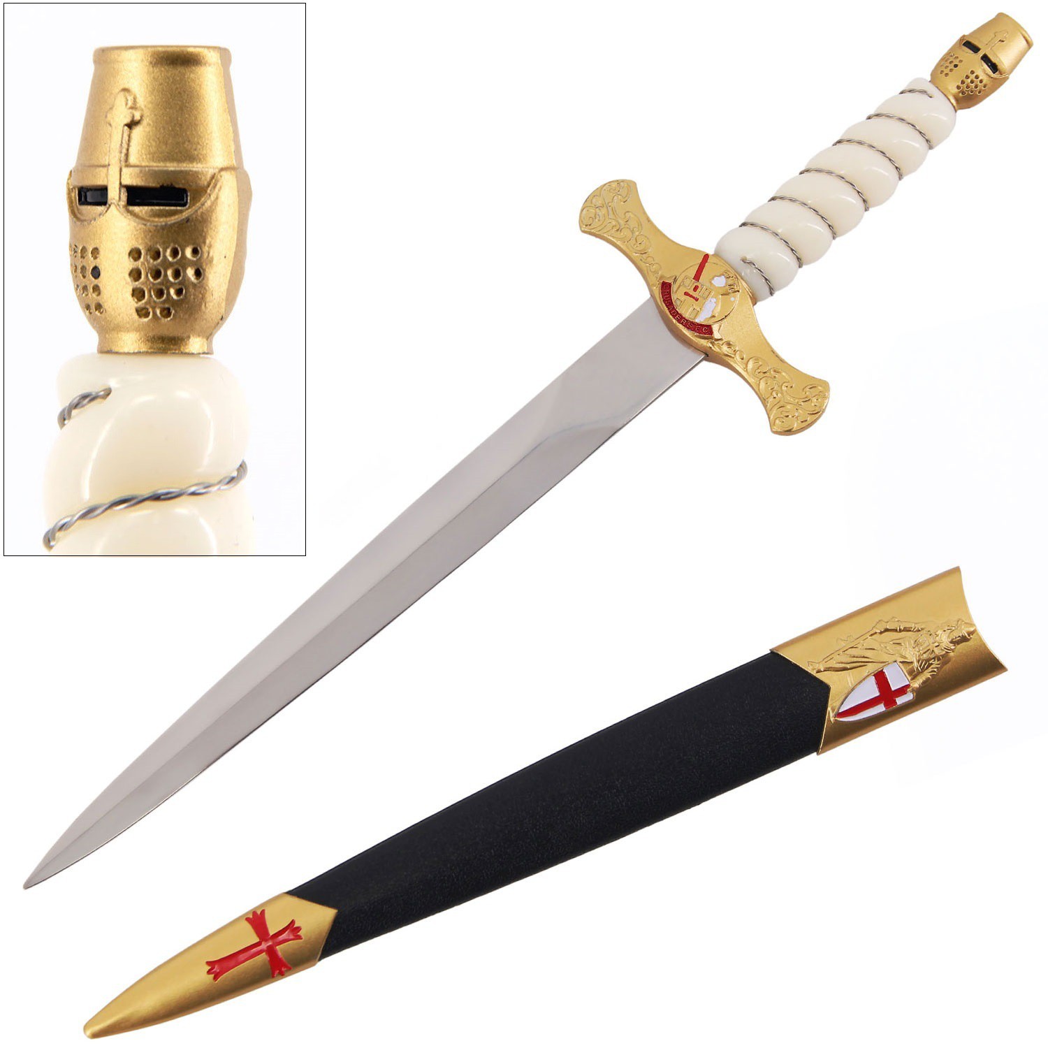15.75" Golden Knight Helmet Stainless Steel Double-Edge Dagger with Scabbard
