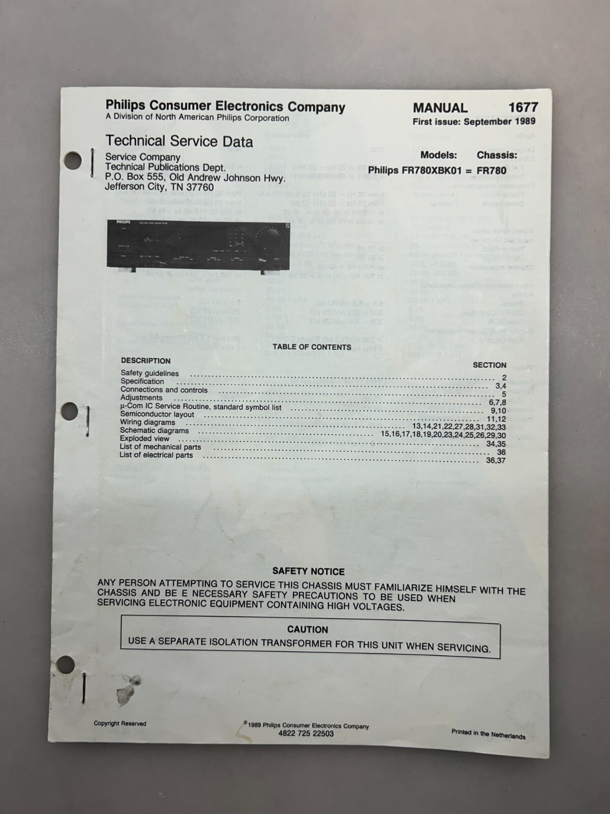 Philips FR780XBK01 Original Service Manual Free Shipping