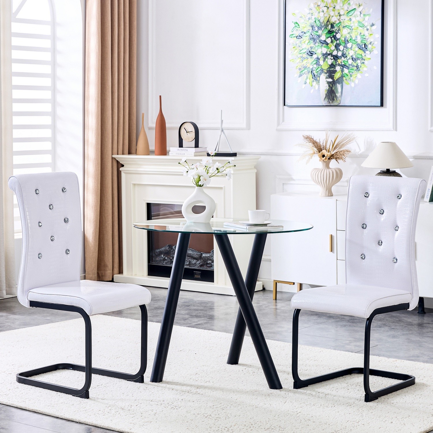 Set of 2/4 Modern Upholstered Faux Leather Dining Chairs w/ Black Metal Bow Legs