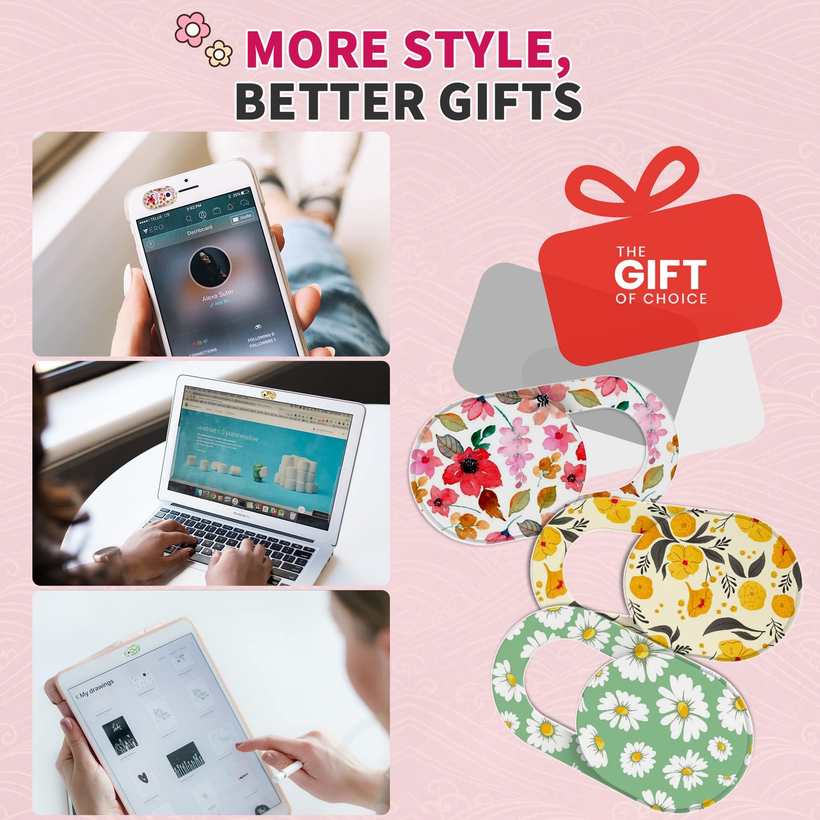 Laptop Camera Cover Slide Cute, Ultra Thin Webcam for iPhone Flowes