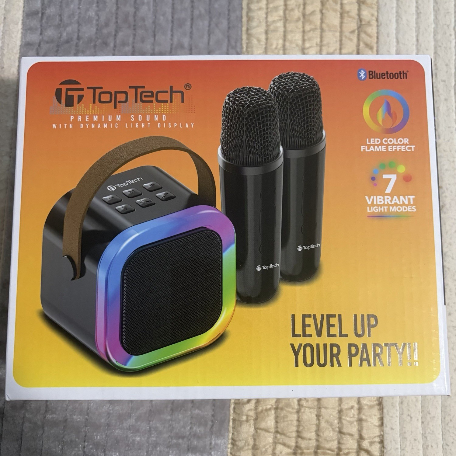 TopTech Bluetooth Portable Karaoke System, Rechargeable, LED Lights, 2 Mics