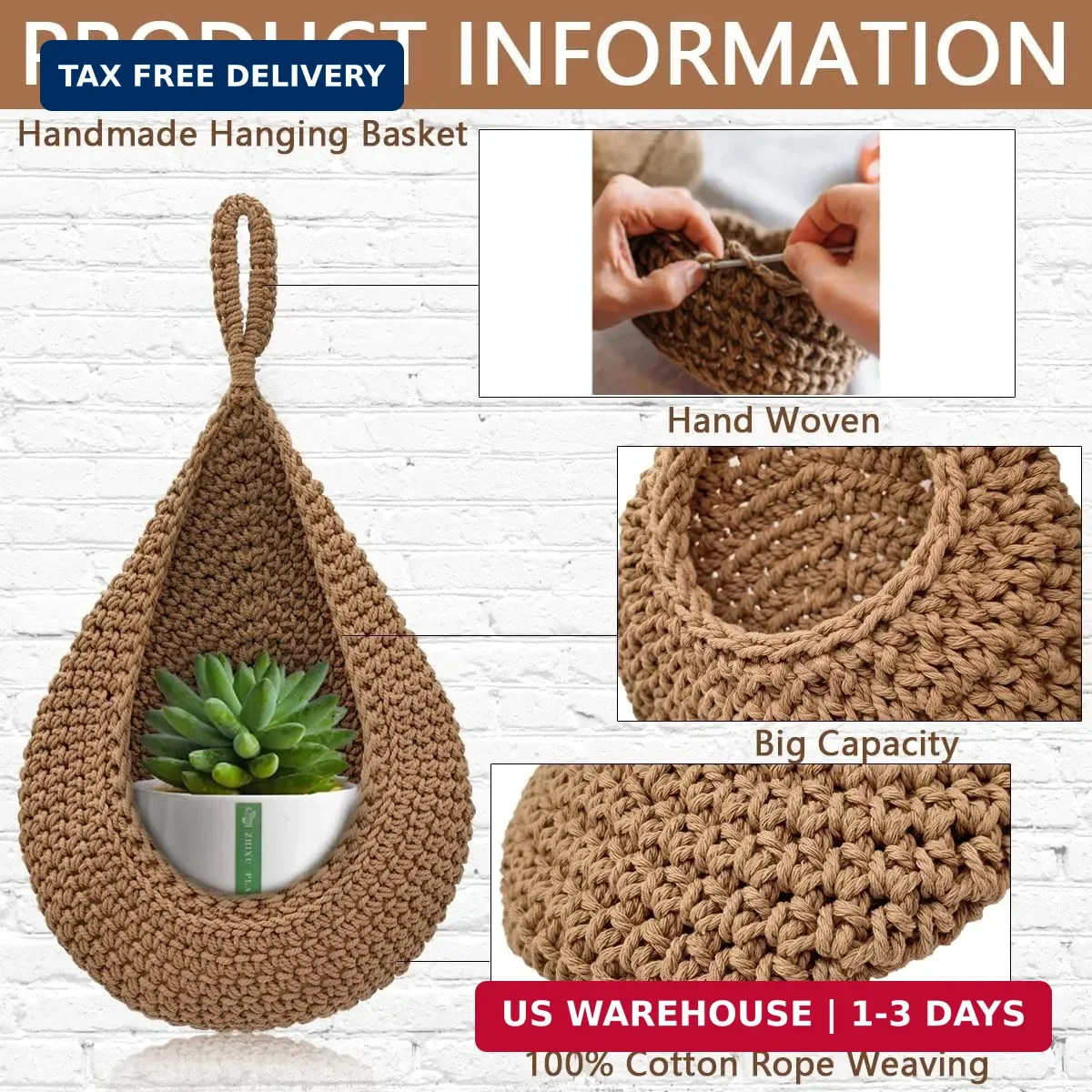 4 Pack Hanging Fruit Baskets for Kitchen-Boho Wall Hanging Basket with 8 Pcs Str