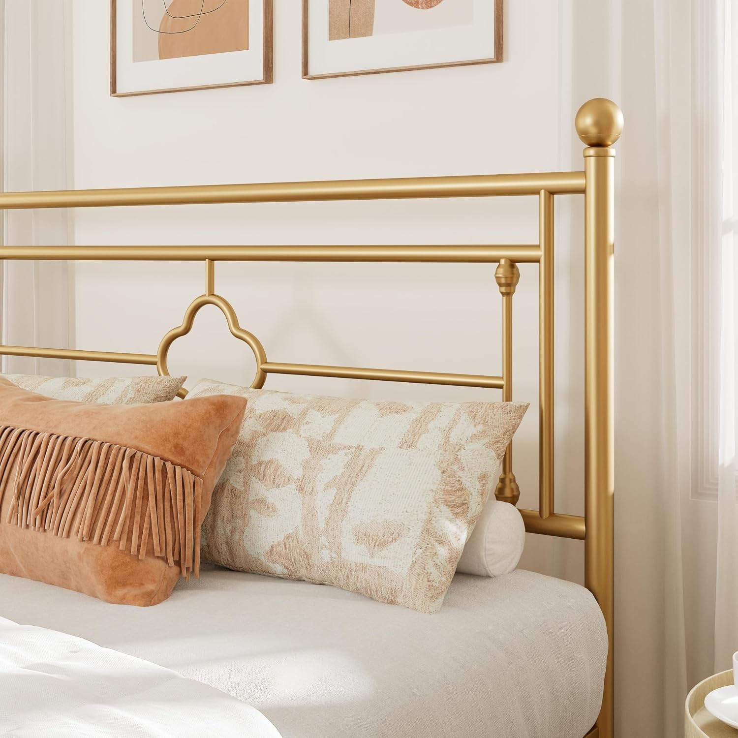 Queen Size Metal Platform Bed Frame Victorian Headboard Gold | Heavy Duty Metal
