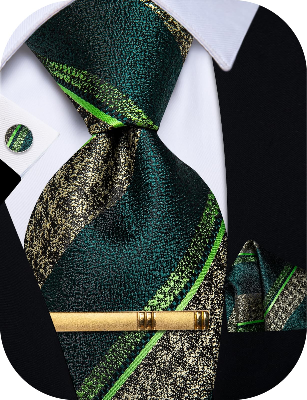 Mens Silk Green Ties Striped Tie and Pocket Square Set Business Formal Neckti...