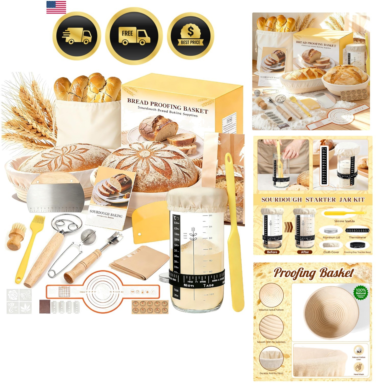 Sourdough Starter Kit, Sourdough Bread Baking Supplies, Round & Oval Banneton...