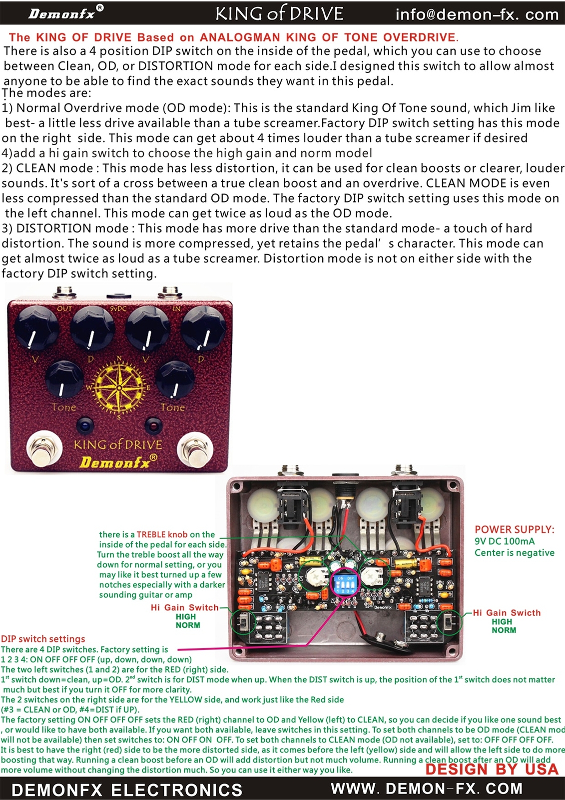 Demonfx King Overdrive Guitar Effect Pedal Boost Distortion Drive 4 DIP Switch