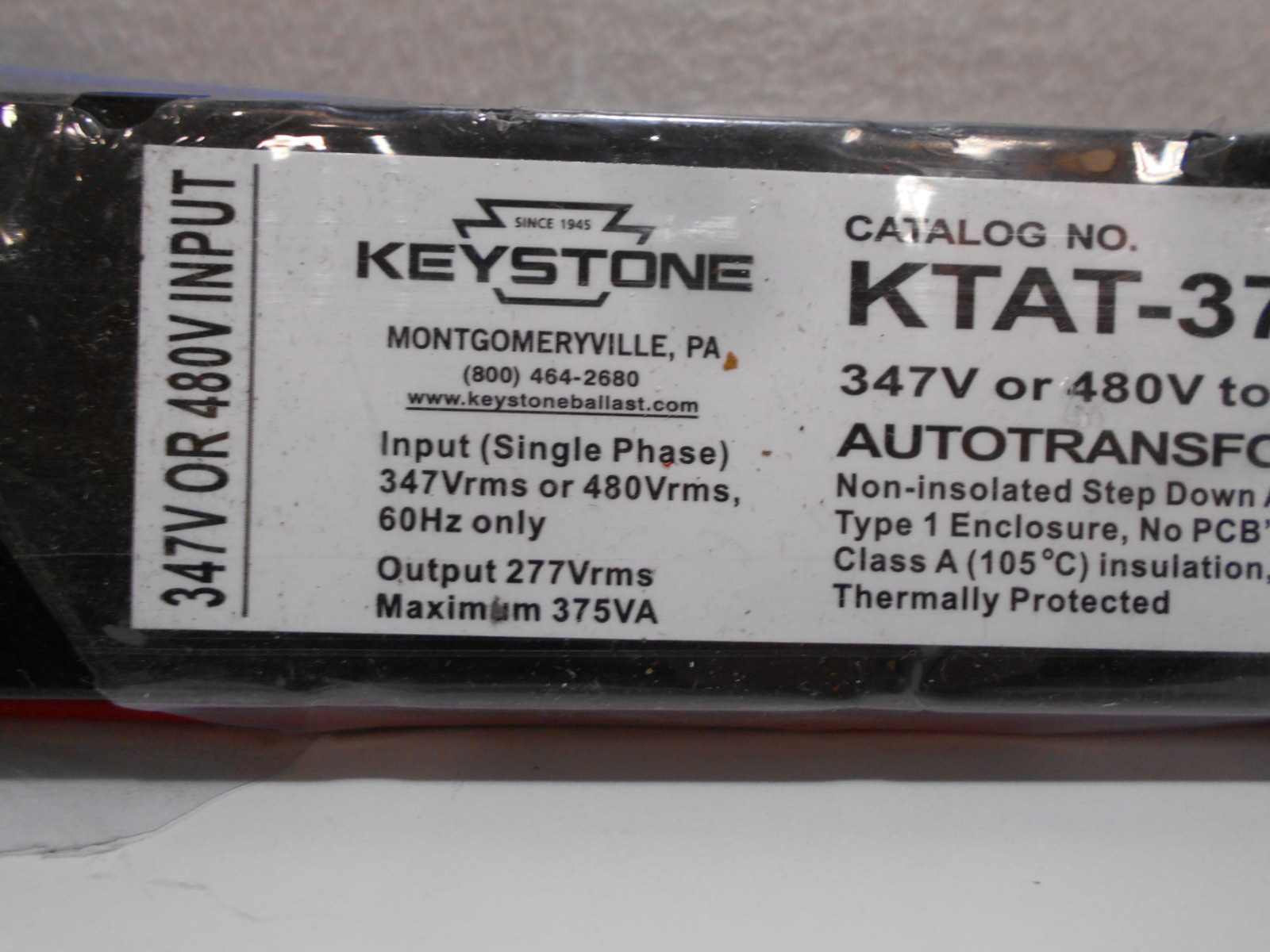 Keystone KTAT-375-480-277 480V- 277V Step Down Autotransformer 375W Max Wattage
