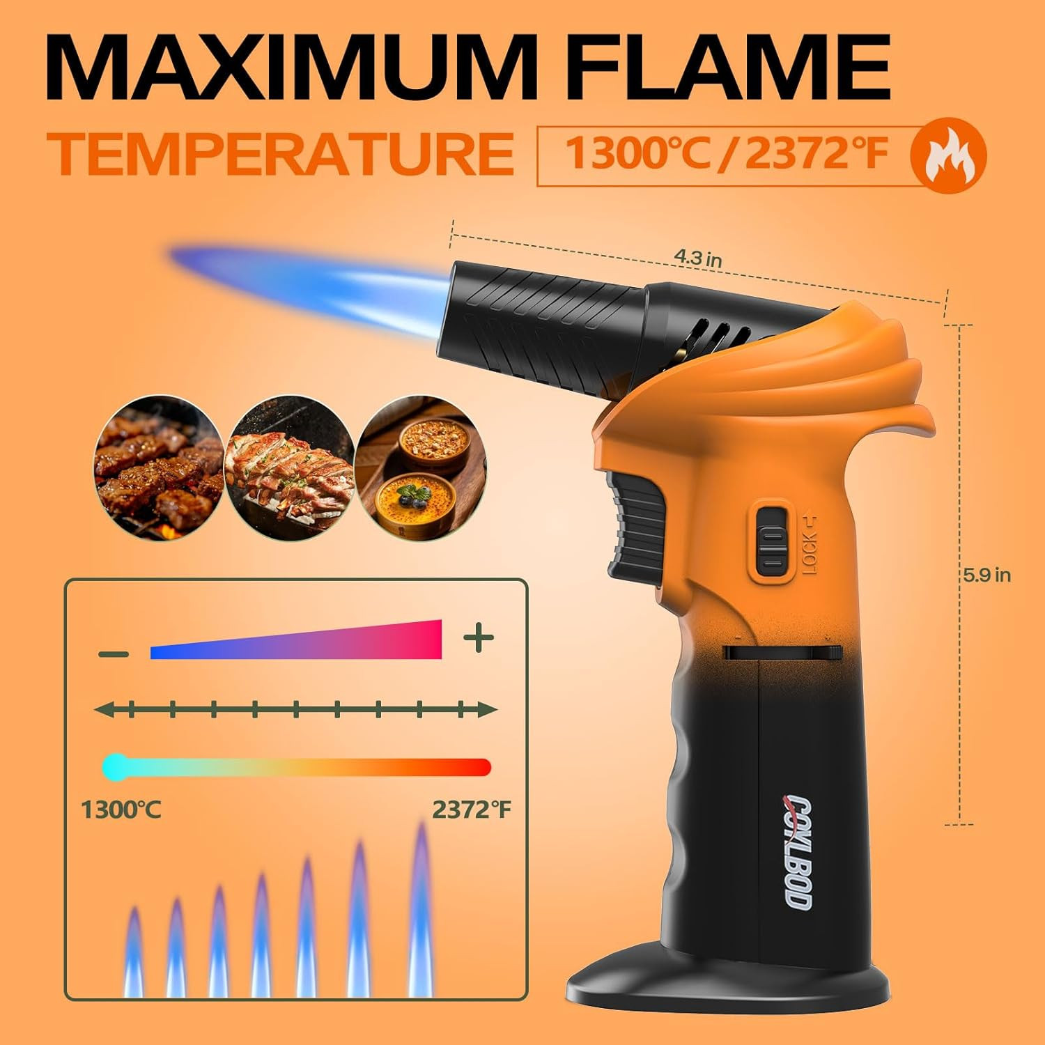 Butane Torch Lighter, 0-90°Rotating Angle Butane Lighter, Refillable Kitchen Tor