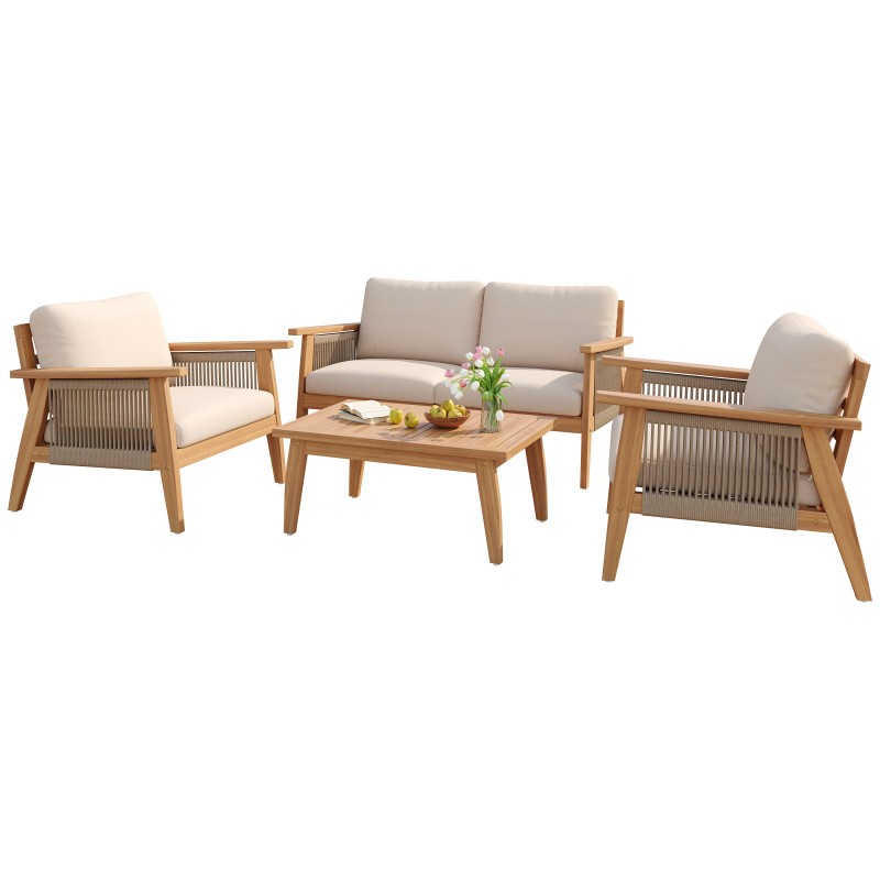 4-Piece Acacia Wood Rope Outdoor Sectional Patio Sofa Set Beige Teak