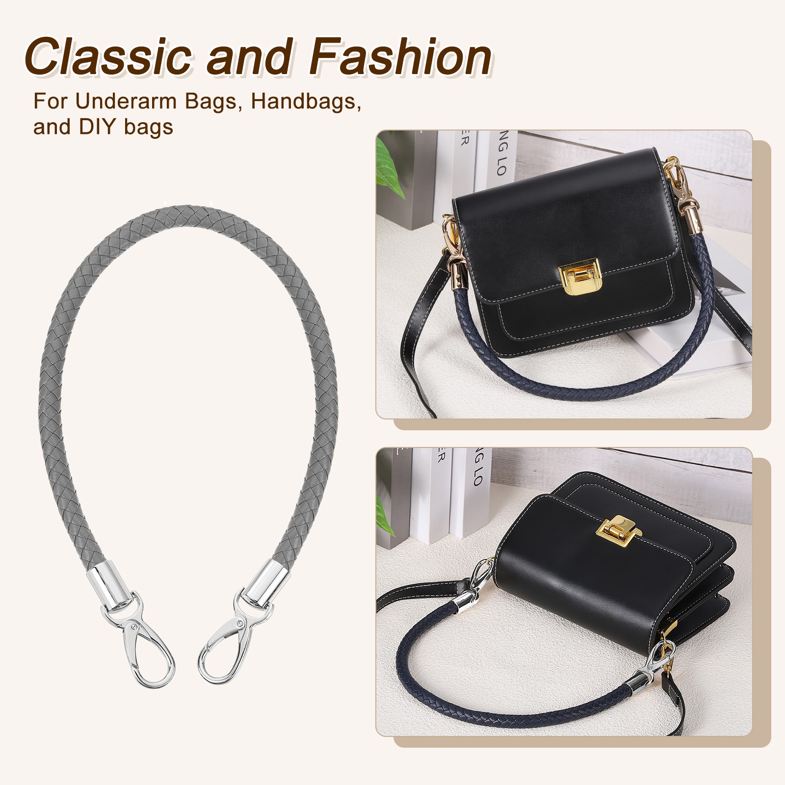 2Pcs 60cm Short Leather PU Braided Purse Replacement (Dark Gray, Silver)
