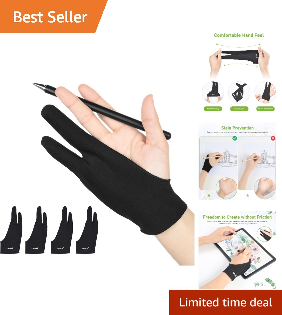 4 Pack Machine Washable Drawing Gloves for Tablets - Anti-Friction Black Design