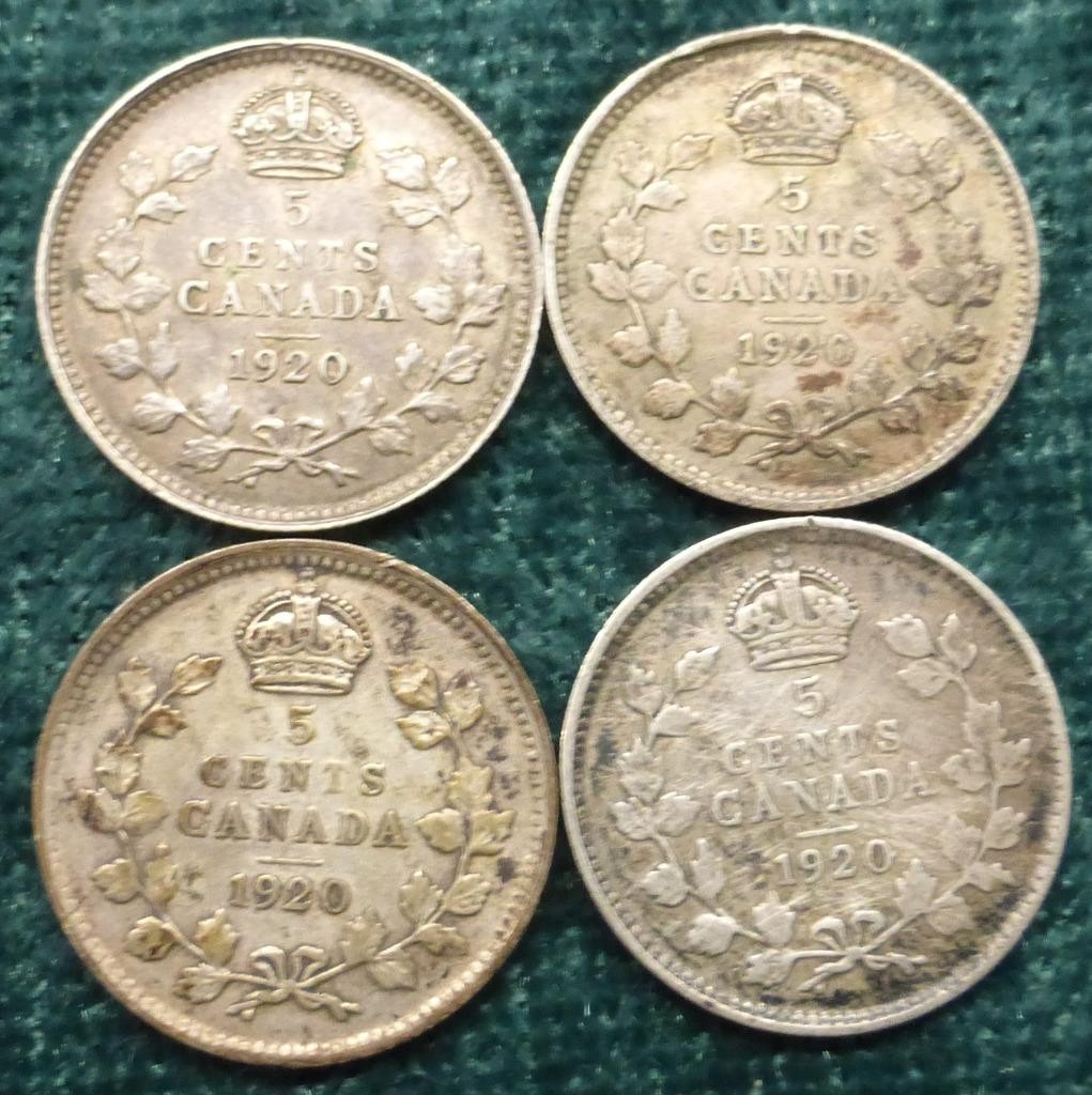 4 1920 Canada 80% Silver 5-Cent Coins, George V Canadian Coins, KM#22a