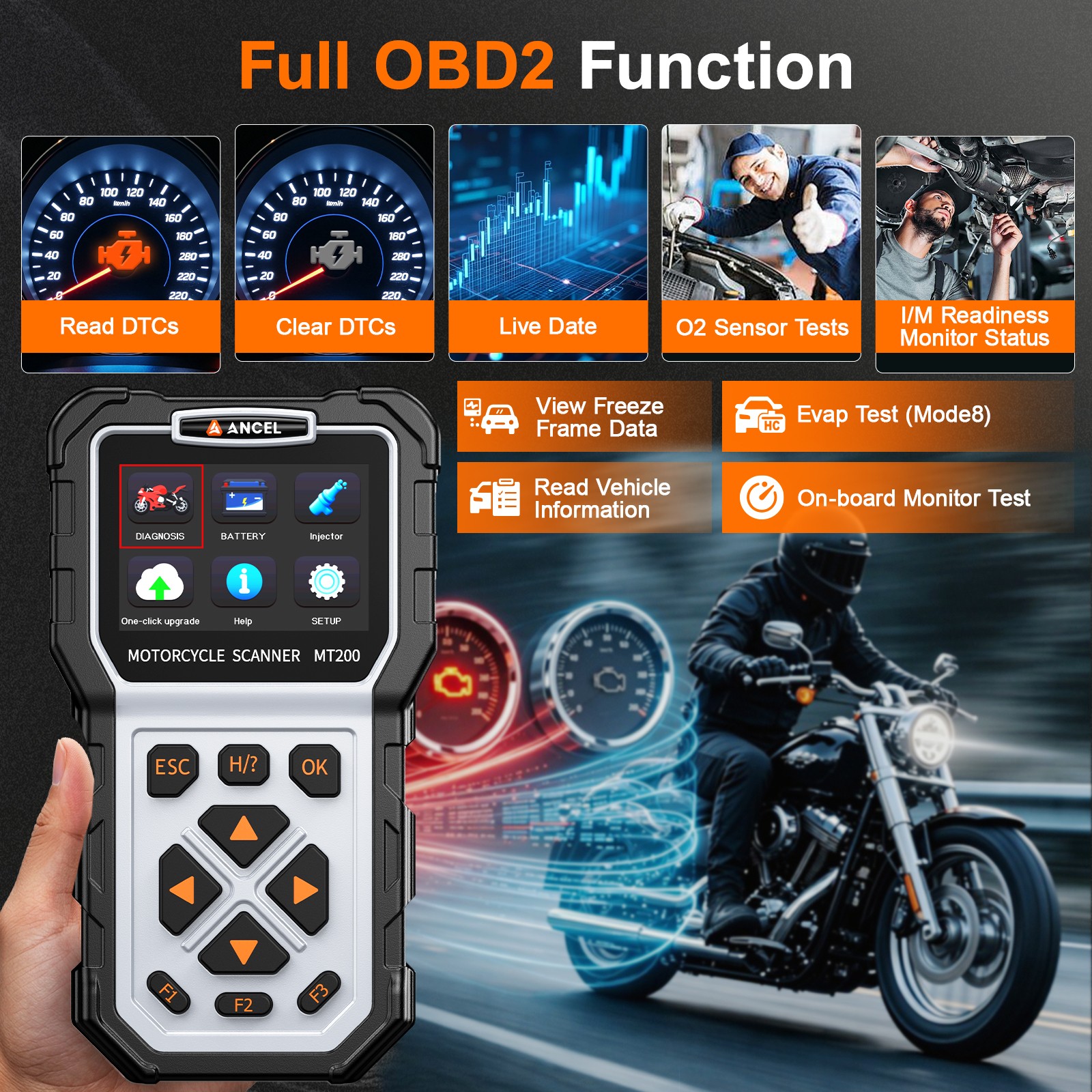 MT200 Motorcycle Scanner OBD2 Code Reader ABS Diagnostic Tool Fit For KAWASAKI