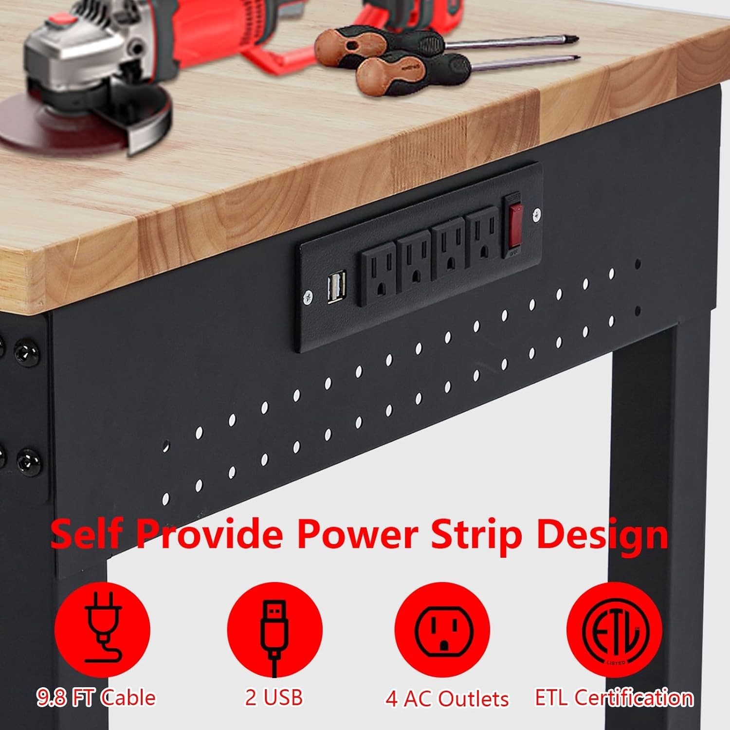 48"X24" Heavy Duty Rolling Workbench with Power Strip & LED, Adjustable Height