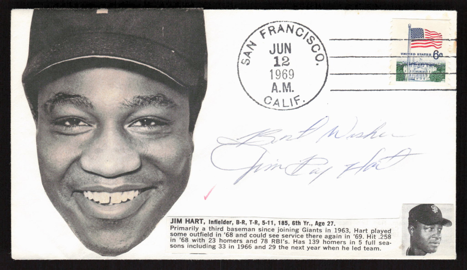 Jim Ray Hart Signed 1969 Pasted on Photo Cachet Envelope San Francisco Giants