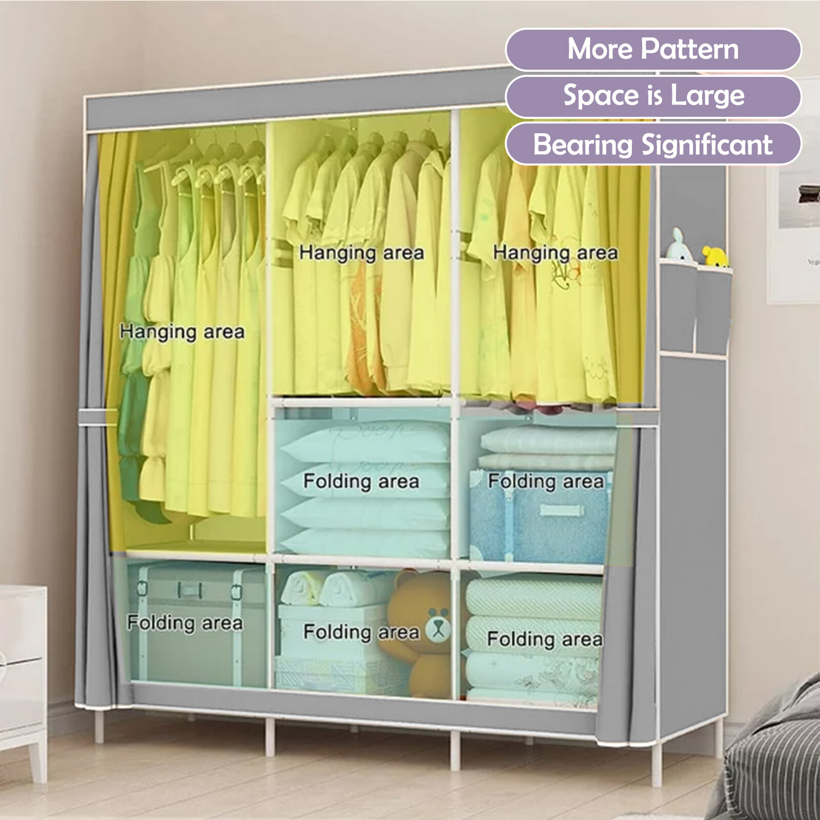Wardrobe Rack Portable Clothes Storage Closet Storage Shelf Durable w/ Curtain