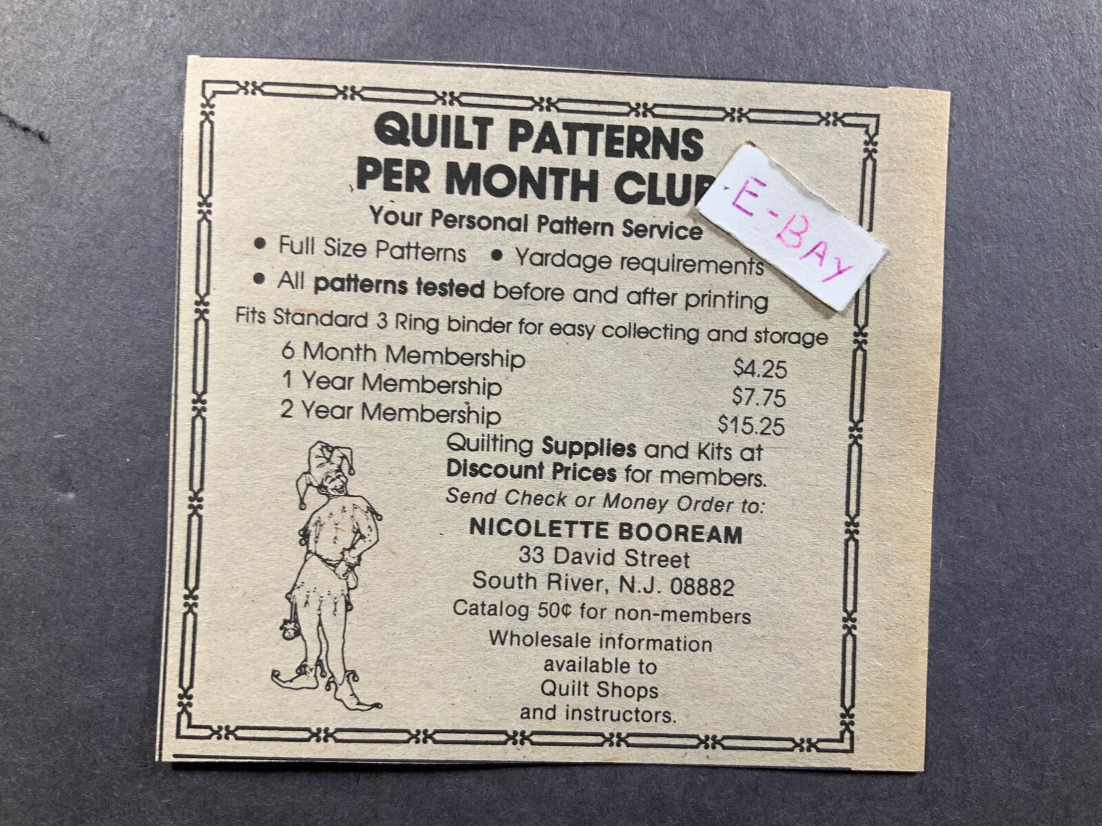 1980 Ad. Quilt Patterns per Month Club. Nicolette Booream. South River, NJ.