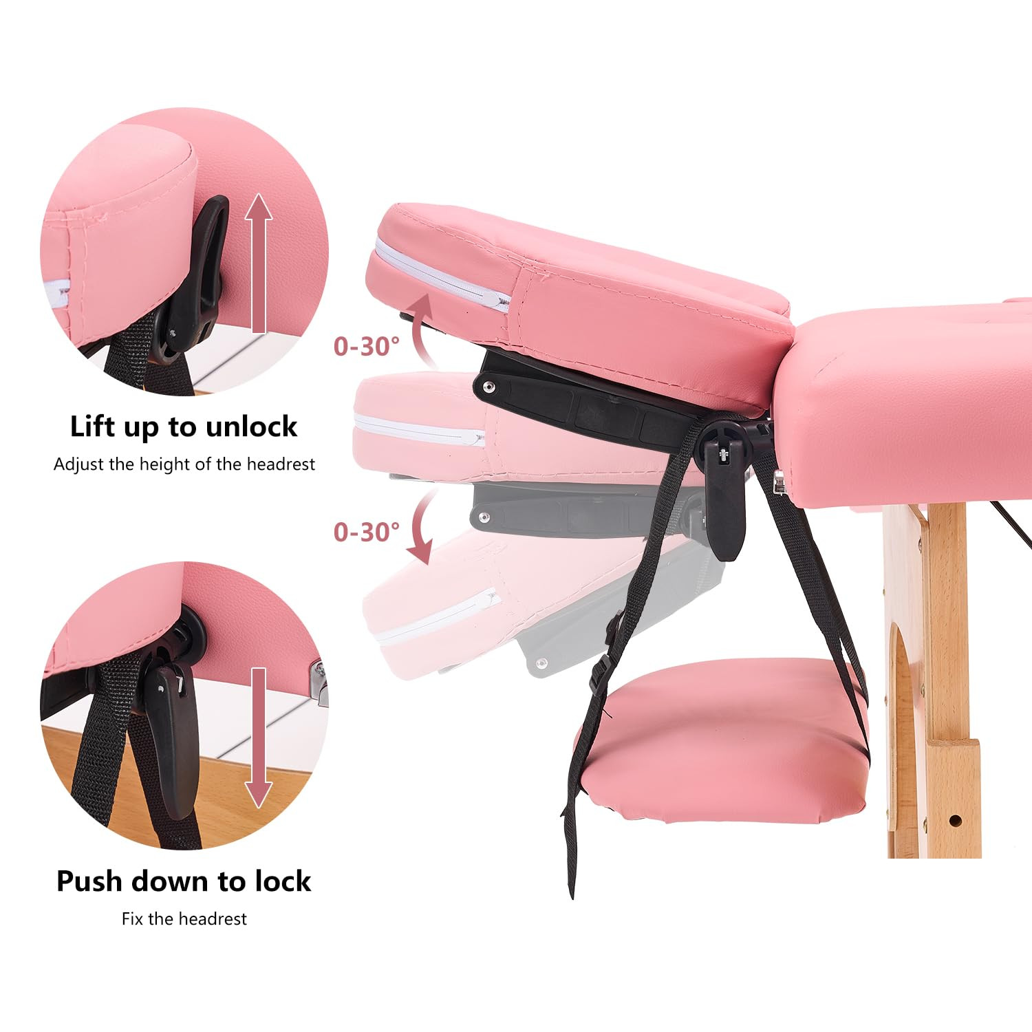 Portable Adjustable Massage Table with Accessories - Pink Wooden Frame