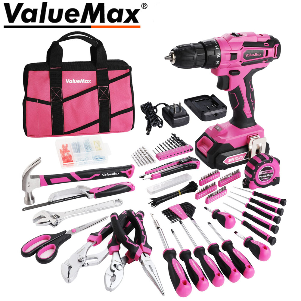 ValueMax 238PC Pink Tool Set Home Tool Kit 20V Cordless Drill Tool Set Drill Set