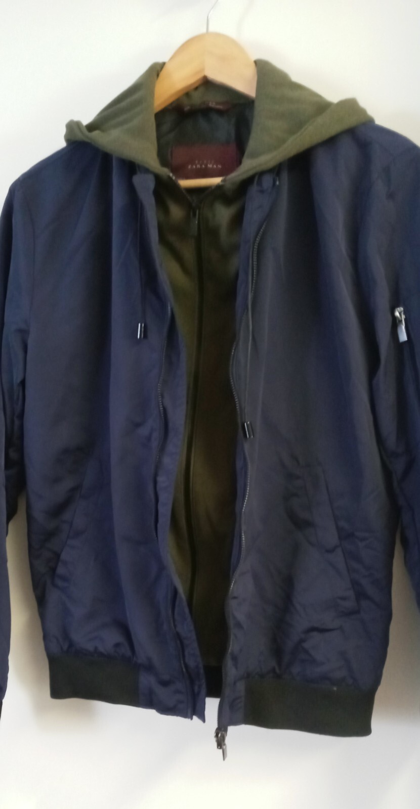 Zara Man Blue & Green Bomber Jacket With Hood Size S