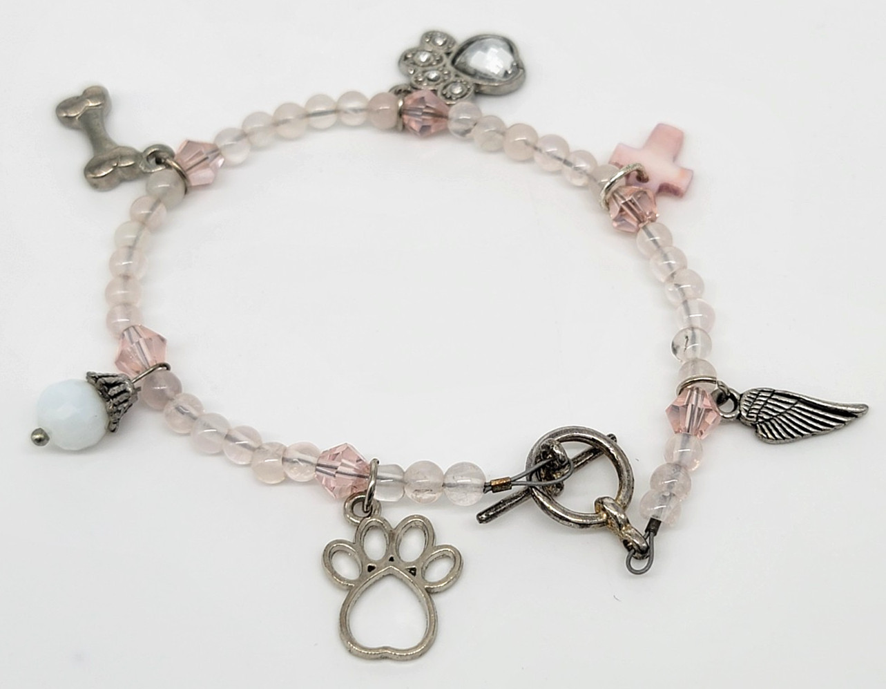 Dog Memorial Charm Bracelet Rose Quartz Swarovski Crystals Silver Tone Metal
