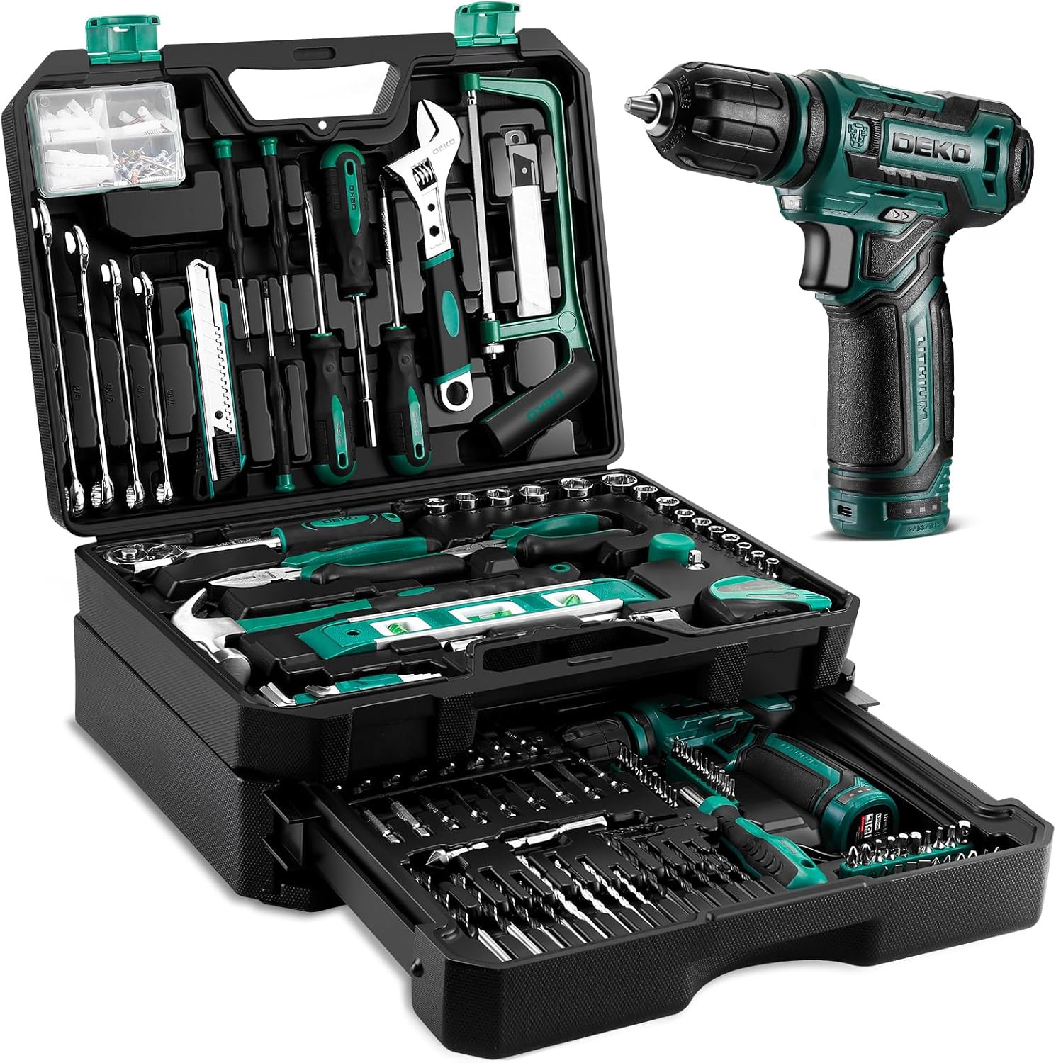 DEKOPRO Tool Set Tool Kit 12V Cordless Drill Hand Toolbox with Storage Case