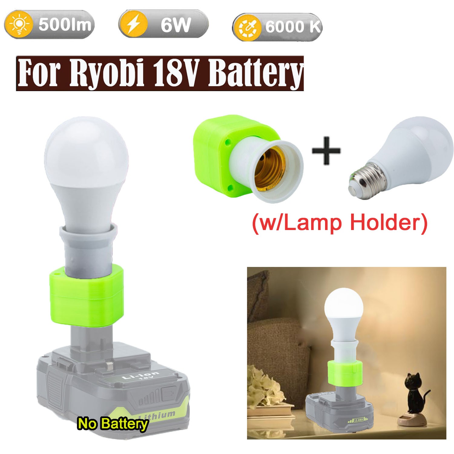 E27 LED Bulb LED Light w/ Holder For Ryobi 18V Battery Emergency Camp Bulbs 6W