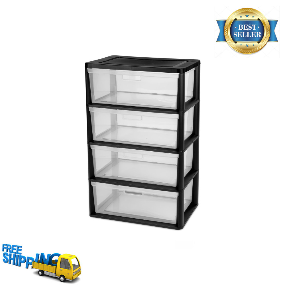 Sterilite Wide 4 Drawer Tower Black Plastic Storage Cart Chest Organizer Unit
