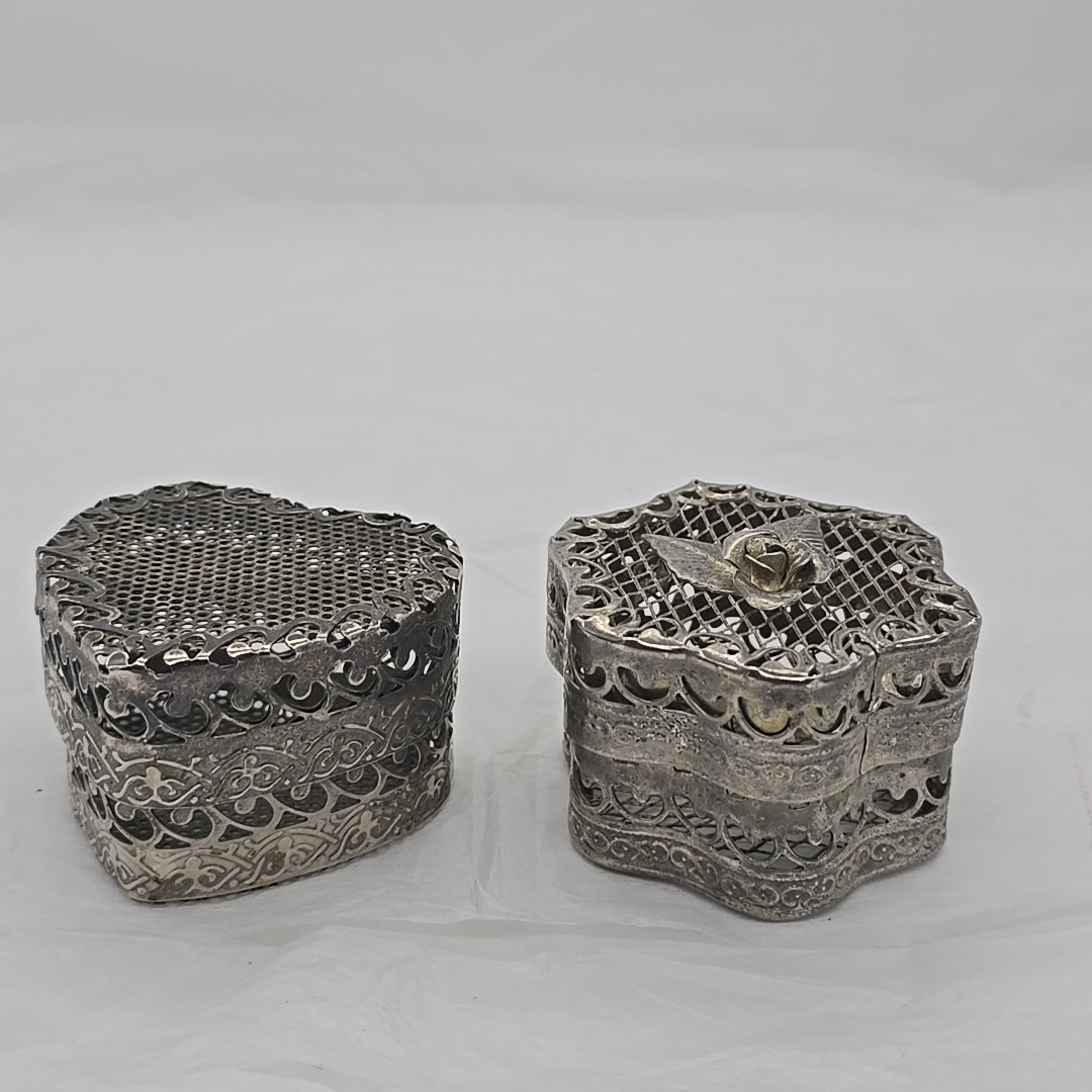 2 Filigree Silver in Color Metal Mini Trinket Potpourri Boxes