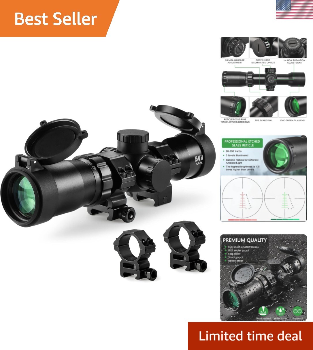 Advanced 1.5-5x32 Adjustable Crossbow Scope, High Brightness Reticle Included