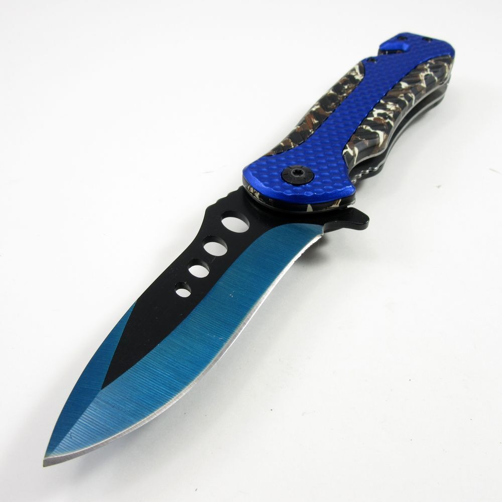 NEW Pocket Knife Spring-Assist Folding Blue Black Blade Camo Hunter Tactical EDC