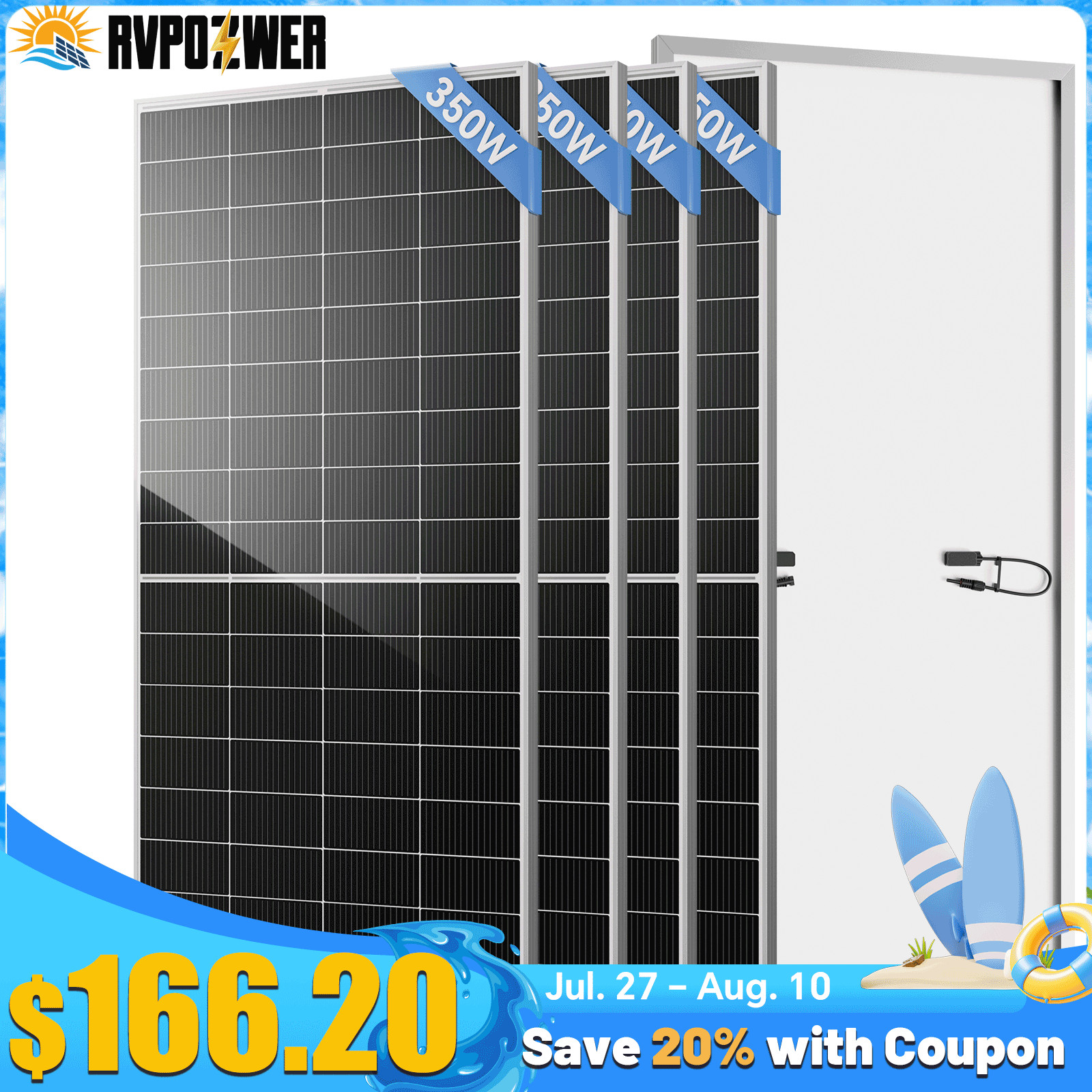 4PCS 350W 1400W Solar Panel 25.2% High Efficiency Home Shed Efficiency Off-Grid