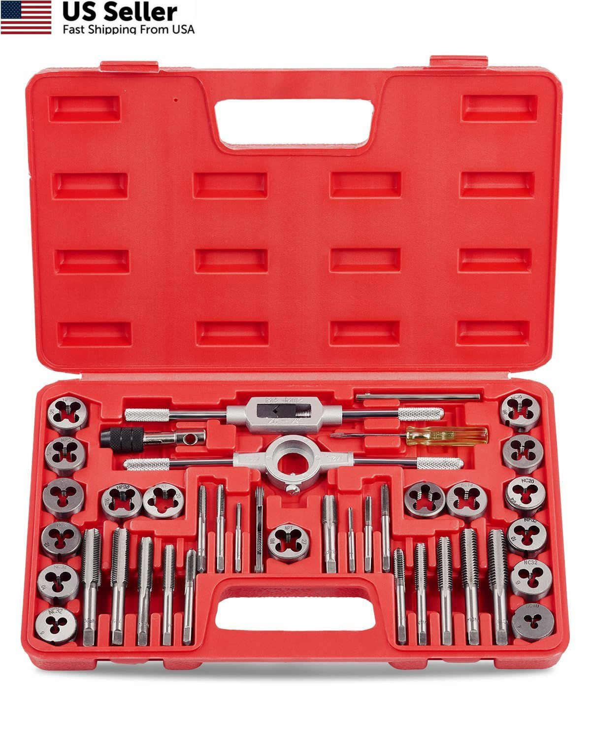 Orion Motor Tech SAE Tap and Die Set Standard | #4, 6, 8, 10, 40 pc SAE, Red