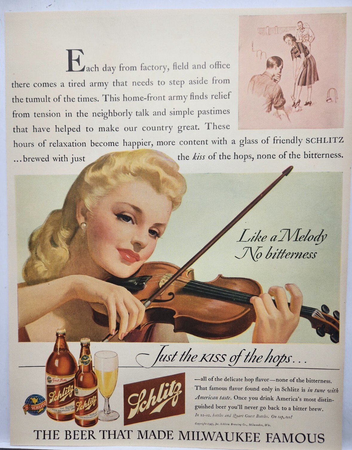 1943 Schlitz Beer Lady Playing Violin Original Print Ad Life Magazine 40's