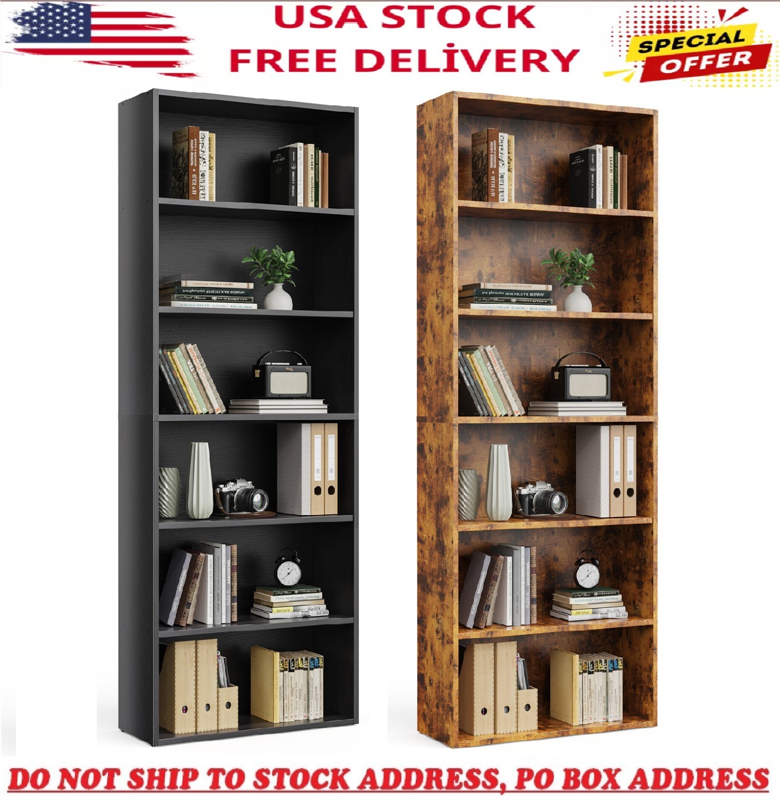 Bookshelf 6 Tier Storage Shelf Adjustable Bookcase Open Wood Magazine Organizer
