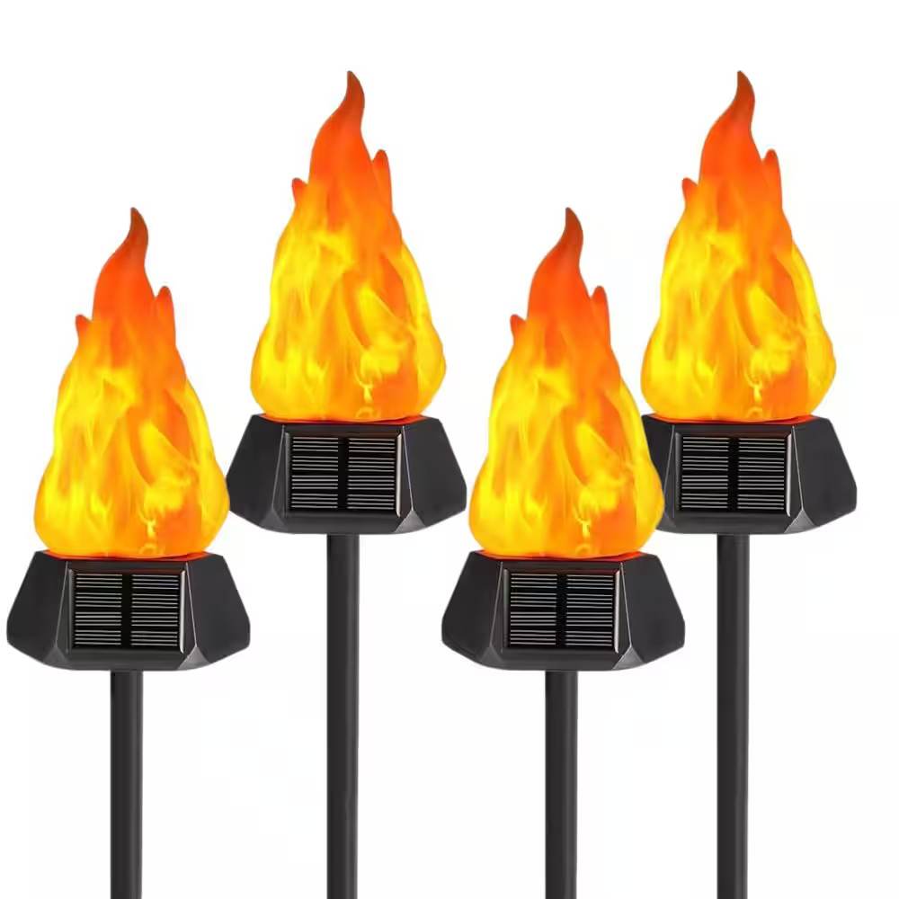 4-Pack Black Plastic Solar Outdoor Torch Lights with Flickering Flame Waterproof