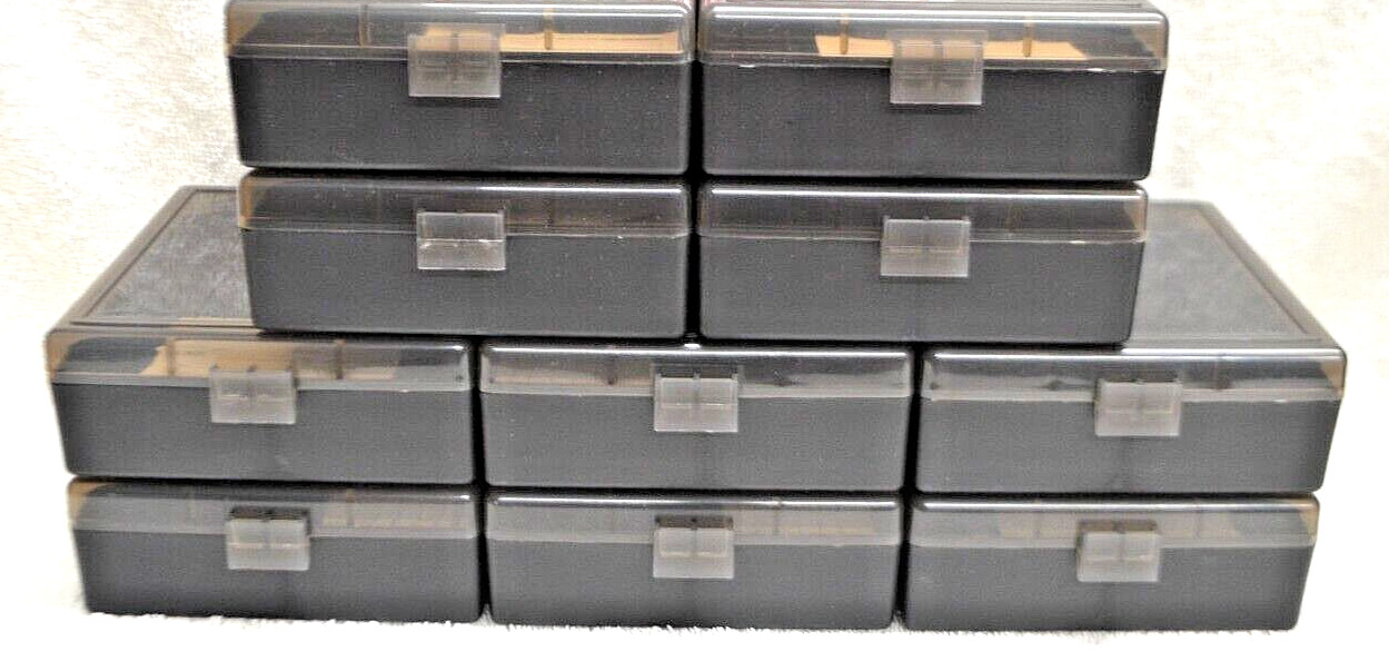 10 x BERRY'S PLASTIC AMMO BOX, SMOKE/BLACK 100 Round 357/38 -