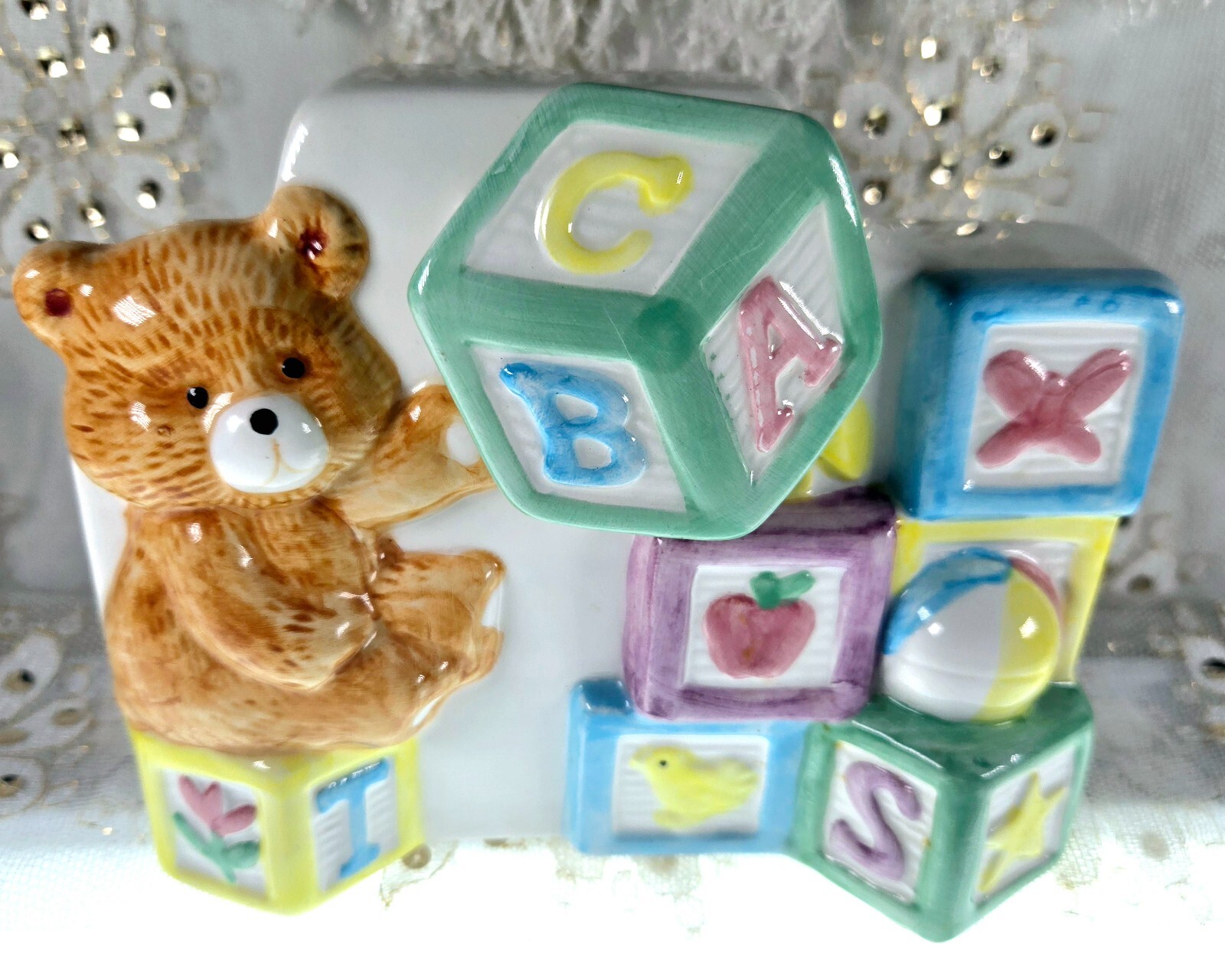 Ceramic Musical Sankyo Teddy Bear Nursery Trinket Box/Wipes Holder/Planter LBK
