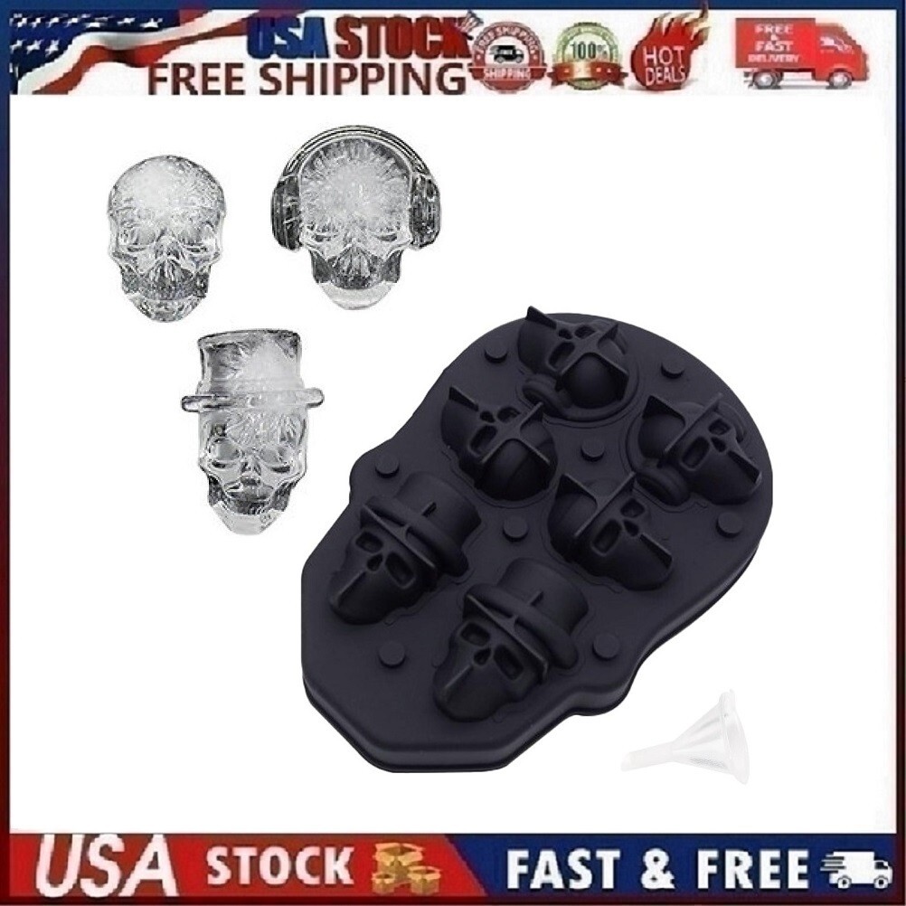 2PCS 3D 6 Skull ICE Cube Tray Maker Silicone Ball Mold Whiskey Cocktail Party