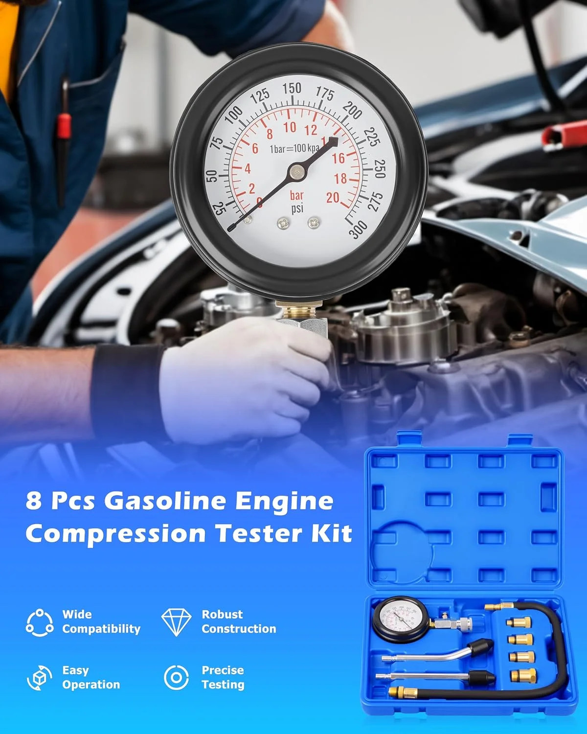 Professional Petrol Engine Compression Tester Kit Set for Automotives and Motorc