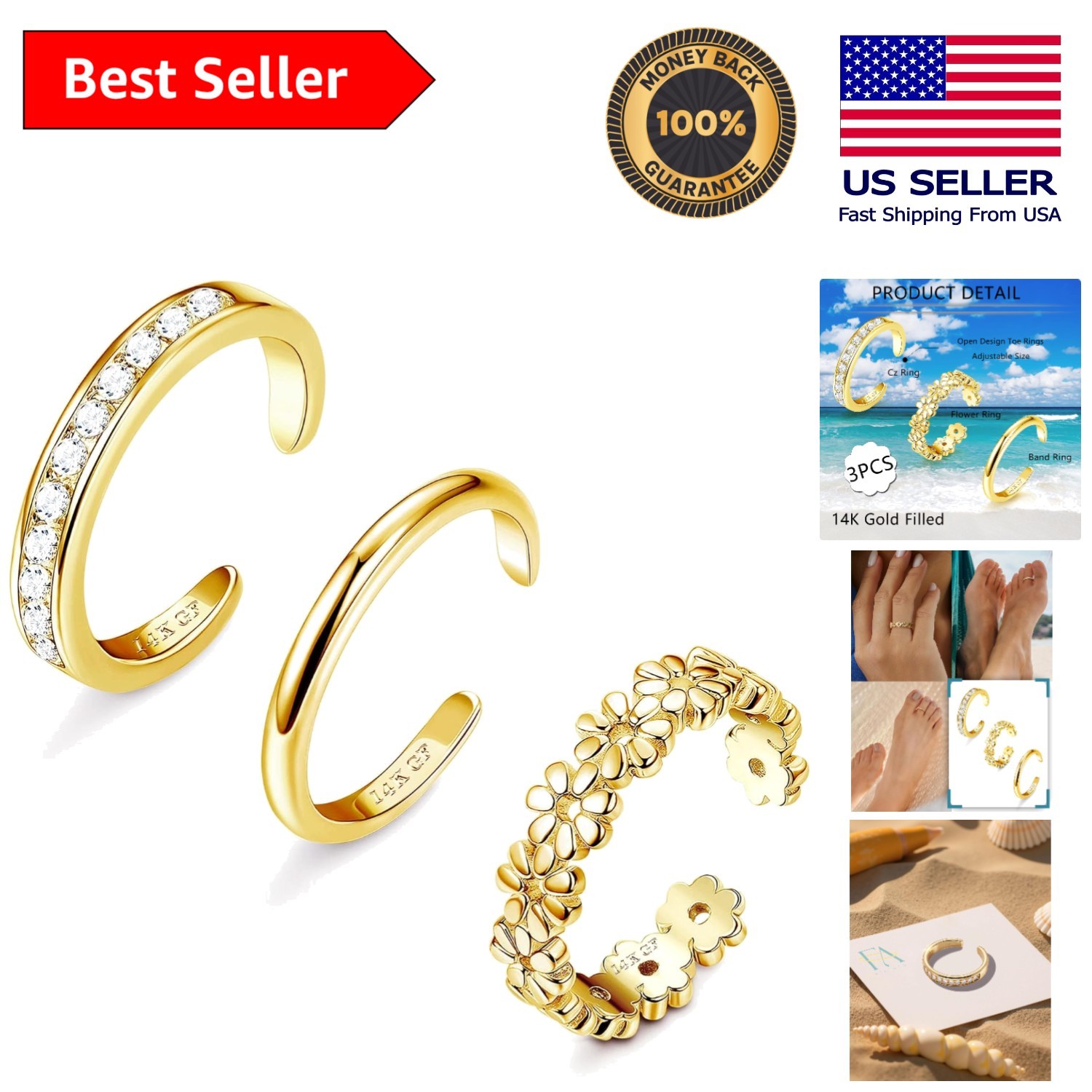 Hypoallergenic 14K Gold Filled & CZ Flower Toe Rings - Versatile Summer Jewelry