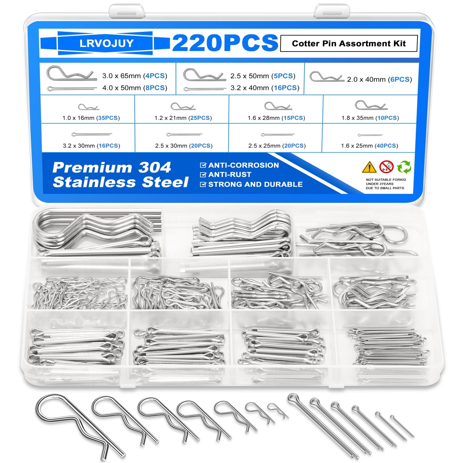 Cotter Pin Assortment Kit, 220PCS Cotter Pins 13 Sizes Premium 304 Stainless ...